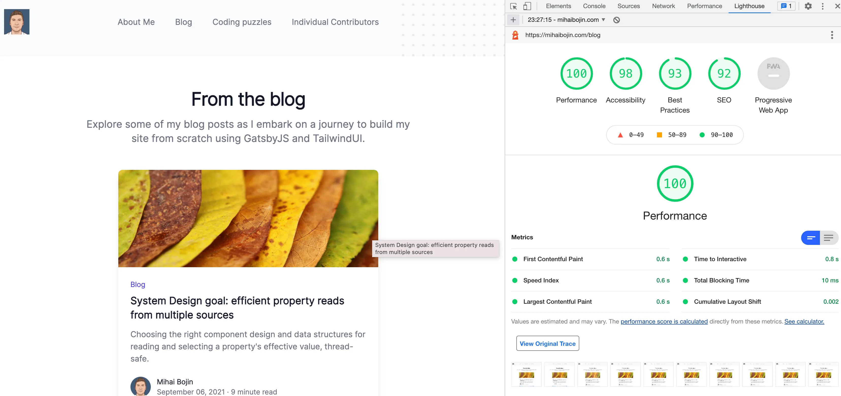 "Lighthouse report for my site hosted on Vercel"