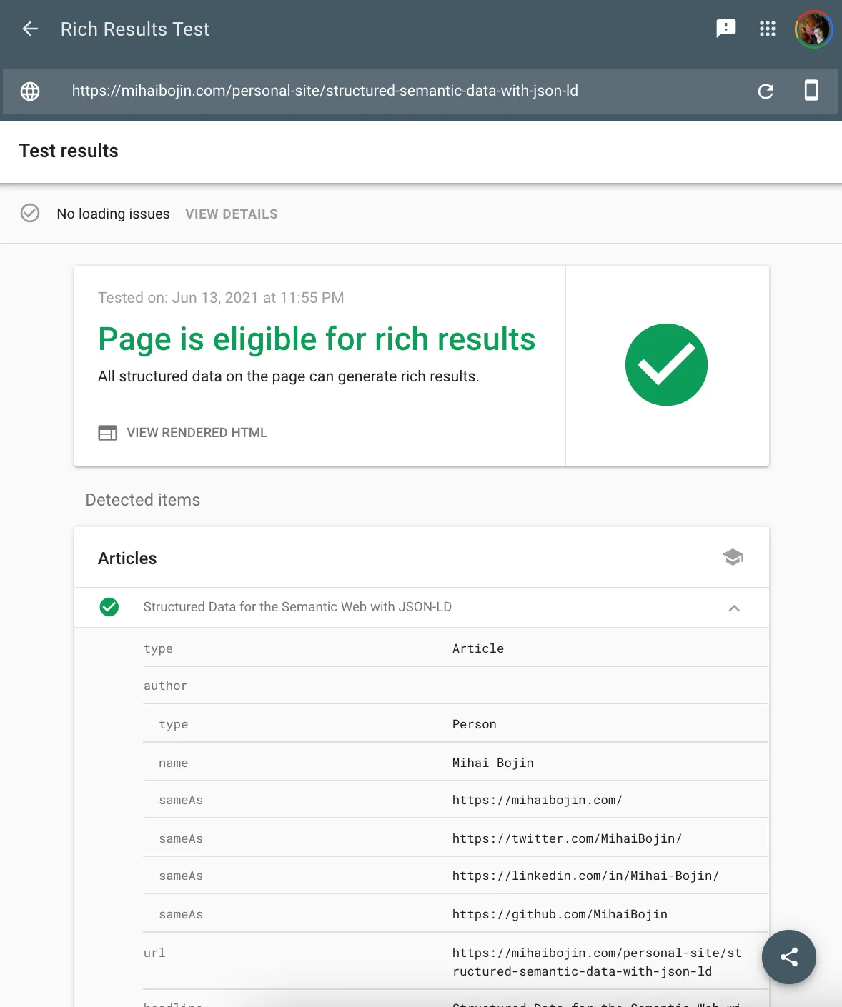 Rich results for the JSON+LD article Rich Results Tester
